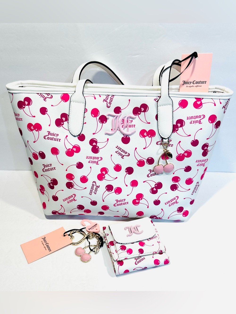 Juicy Couture White Large Tote Bag with Pink Cherry Print with Matching Wallet